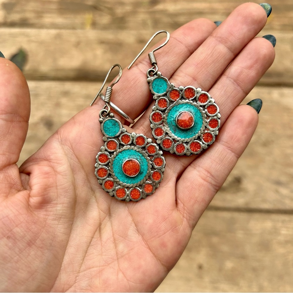 Vintage Turquoise and Coral Sterling Silver Earrings
